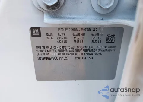 2012 Chevrolet Volt z USA, uszkodzony, nr VIN 1G1RB6E48CU114527